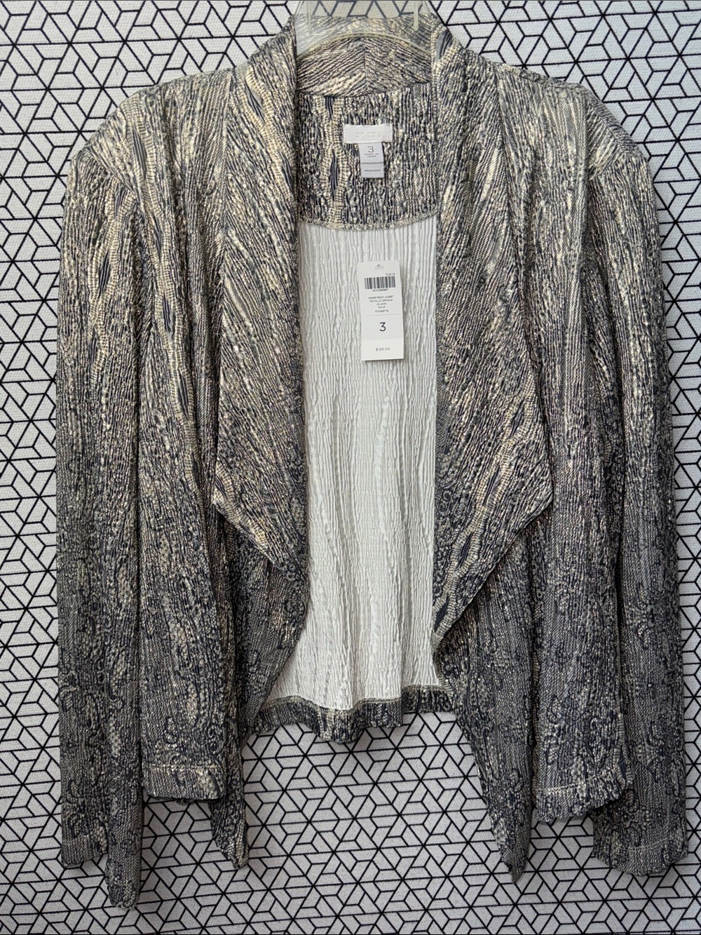 Chico's Draped Open-Front Cardigan in Metallic Gold, Gray and Cream